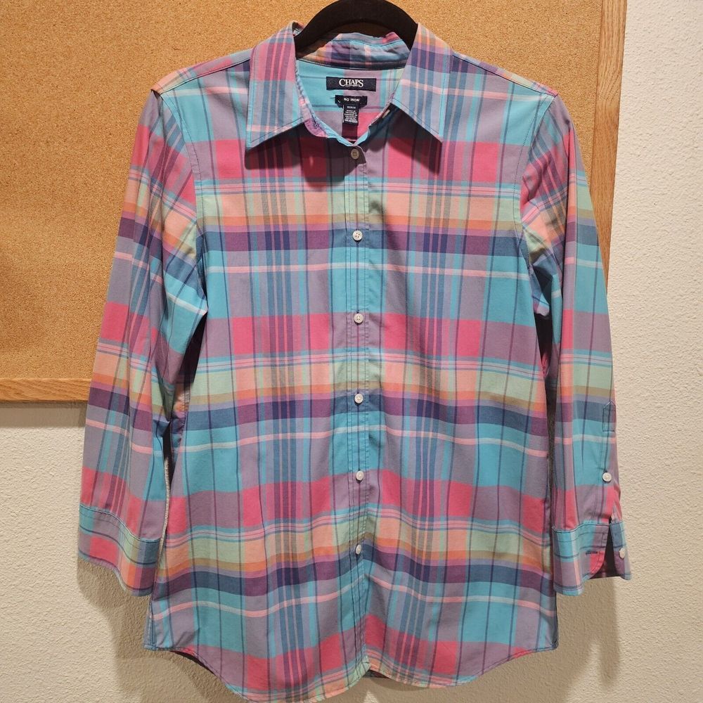 Chaps‎ Pastel Plaid Women's Button-Down Cotton 3/4 Sleeve Sz. Medium